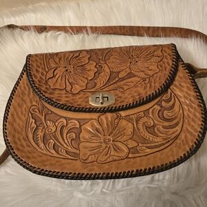 Beautiful Handcrafted Floral Brown Leather Bag Handbag